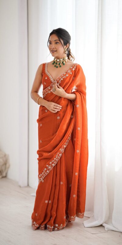 SP 61 Rust Color Fendy Silk Saree With Sequins Work. Wedding, Party, Festive, Events Get it for ₹2149. Delivery 4-6 Working Days. Online Best Shop now. | Designer Sarees, Modern Digital sarees, Sarees, Bollywood Sarees, Creative Sarees, Embroidered Sarees, Ethnic Saree, Party Wear Sarees