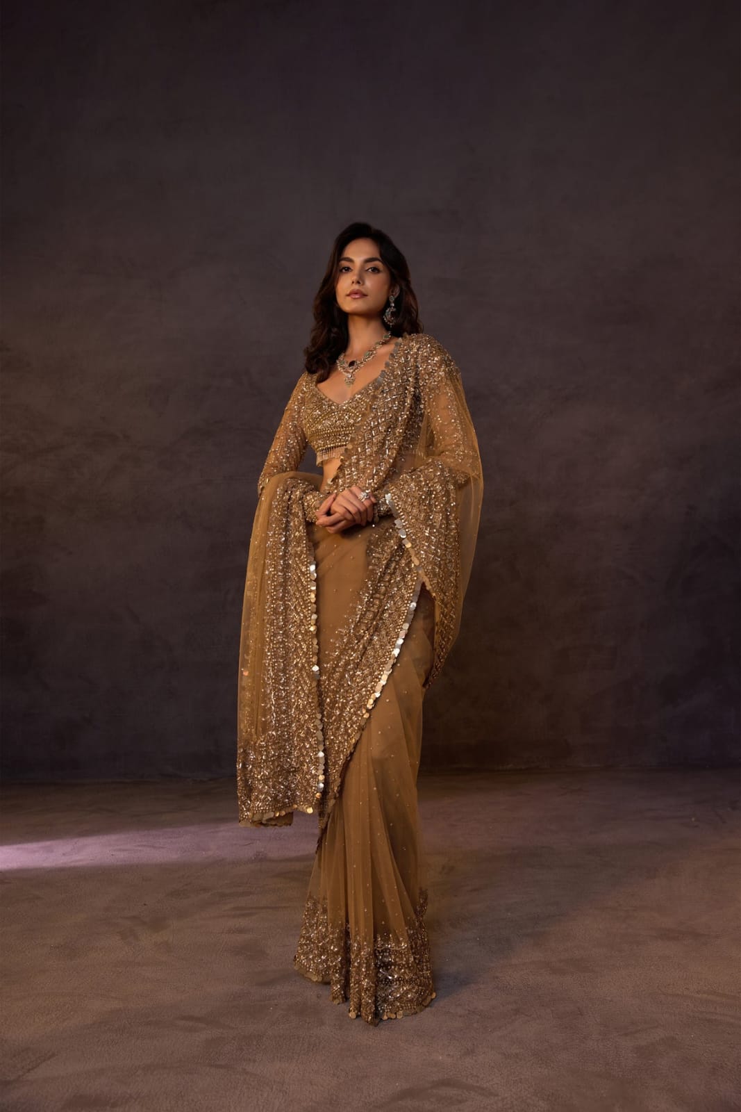 DF 3485 Chiku Butterfly Net Saree Sequence with Work & Zari Work. Introductory Price ₹1999. Delivery 4-6 Working Days. Shop now. | Designer Sarees, Modern Digital sarees, Sarees, Bollywood Sarees, Creative Sarees, Embroidered Sarees, Ethnic Saree, Party Wear Sarees