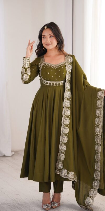 Alternative view of Glowing Mehendi Roman Silk Embroidery Work Anarkali Suit
