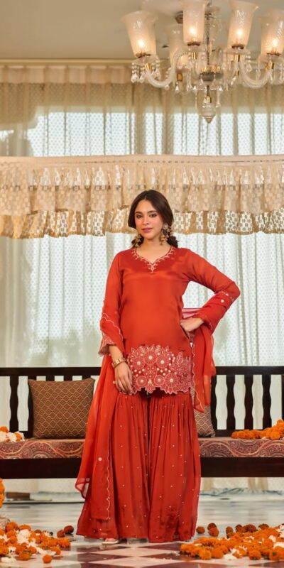 Alternative view of Glowing Rust Chinon Silk Sequence Work Salwar Suit