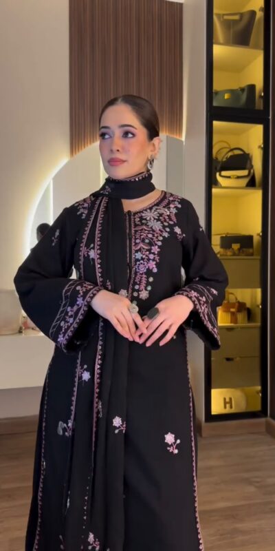 Alternative view of Shiny Black Rayon Satin Embroidery Work Salwar Suit