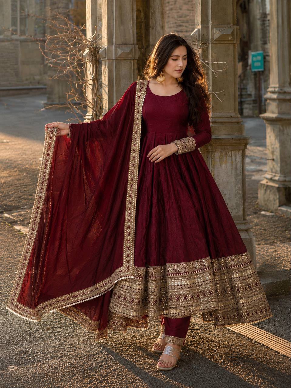ZB 5068 Maroon Fendy Silk Gown with Embroidery Work & Sequins Work. Special Price ₹23699. Delivery 4-6 Working Days. Shop now. | Gowns, Bollywood Gowns, Creative Gowns, Designer Gowns, Embroidered Gowns, Party Wear Gowns