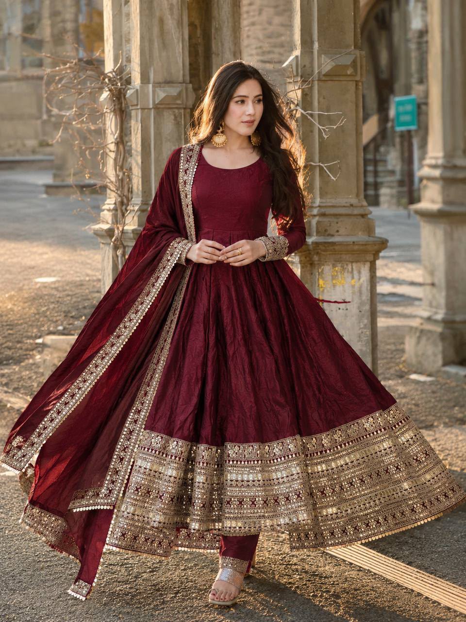 ZB 5068 Maroon Fendy Silk Gown with Embroidery Work & Sequins Work. Special Price ₹23699. Delivery 4-6 Working Days. Shop now. | Gowns, Bollywood Gowns, Creative Gowns, Designer Gowns, Embroidered Gowns, Party Wear Gowns
