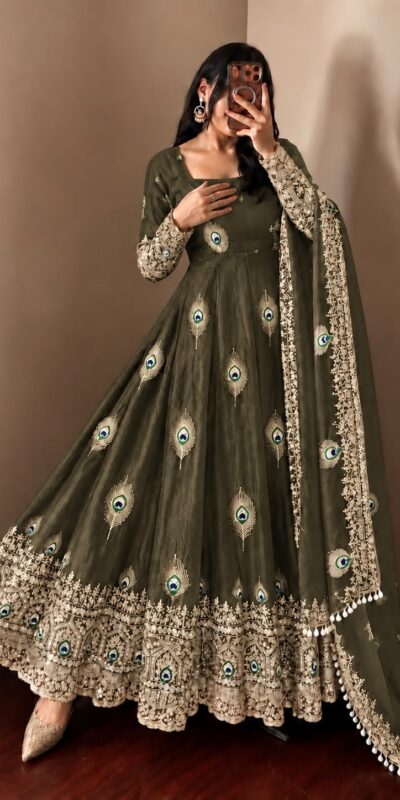 SRK 5372 Mehendi Fendy Silk Gown with Embroidery Work & Sequins Work. Special Price ₹2799. Delivery 4-6 Working Days. Shop now. | Gowns, Bollywood Gowns, Creative Gowns, Designer Gowns, Embroidered Gowns, Party Wear Gowns