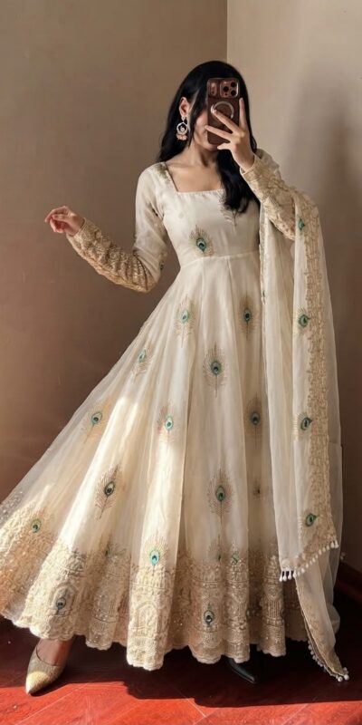 SRK 5372 White Fendy Silk Gown with Embroidery Work & Sequins Work. Special Price ₹2799. Delivery 4-6 Working Days. Shop now. | Gowns, Bollywood Gowns, Creative Gowns, Designer Gowns, Embroidered Gowns, Party Wear Gowns