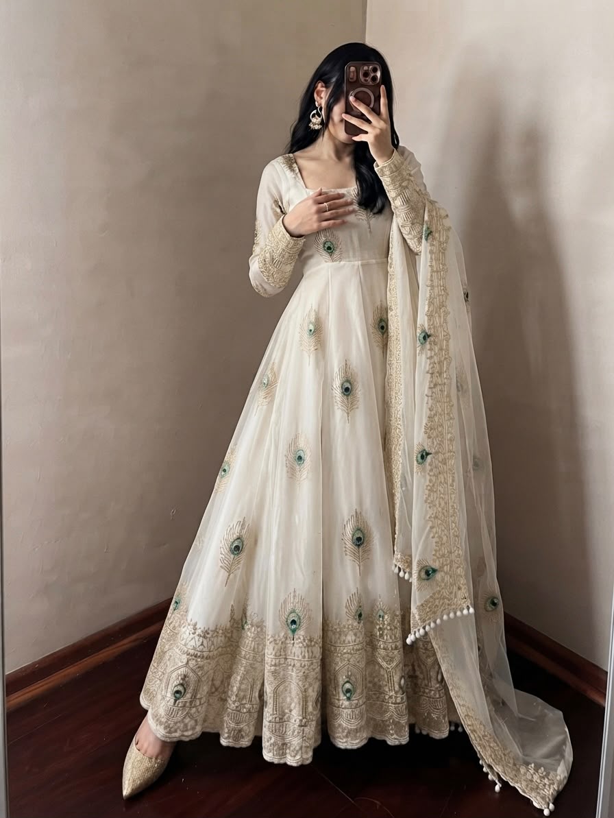 SRK 5372 White Fendy Silk Gown with Embroidery Work & Sequins Work. Special Price ₹2799. Delivery 4-6 Working Days. Shop now. | Gowns, Bollywood Gowns, Creative Gowns, Designer Gowns, Embroidered Gowns, Party Wear Gowns