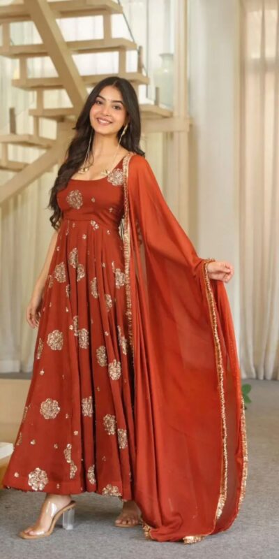 ZSR 3189 Rust Doremon Crush Gown with Lace Work & Mirror Work. Exclusive Offer ₹2399. Delivery 4-6 Working Days. Shop now. | Gowns, Bollywood Gowns, Creative Gowns, Designer Gowns, Embroidered Gowns, Party Wear Gowns