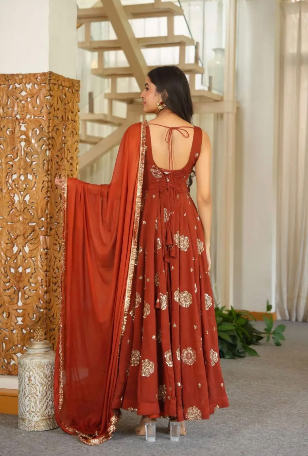 ZSR 3189 Rust Doremon Crush Gown with Lace Work & Mirror Work. Exclusive Offer ₹2399. Delivery 4-6 Working Days. Shop now. | Gowns, Bollywood Gowns, Creative Gowns, Designer Gowns, Embroidered Gowns, Party Wear Gowns