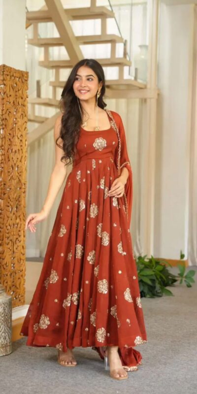 ZSR 3189 Rust Doremon Crush Gown with Lace Work & Mirror Work. Exclusive Offer ₹2399. Delivery 4-6 Working Days. Shop now. | Gowns, Bollywood Gowns, Creative Gowns, Designer Gowns, Embroidered Gowns, Party Wear Gowns