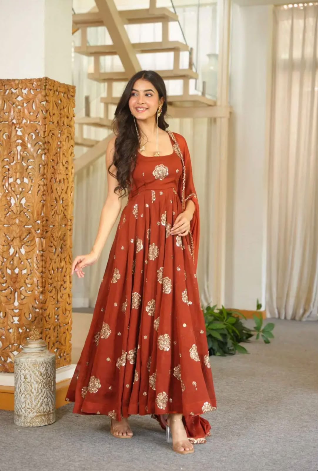 ZSR 3189 Rust Doremon Crush Gown with Lace Work & Mirror Work. Exclusive Offer ₹2399. Delivery 4-6 Working Days. Shop now. | Gowns, Bollywood Gowns, Creative Gowns, Designer Gowns, Embroidered Gowns, Party Wear Gowns
