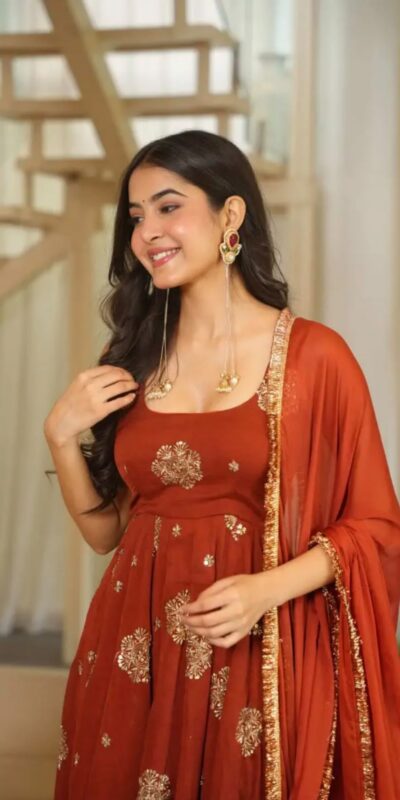 ZSR 3189 Rust Doremon Crush Gown with Lace Work & Mirror Work. Exclusive Offer ₹2399. Delivery 4-6 Working Days. Shop now. | Gowns, Bollywood Gowns, Creative Gowns, Designer Gowns, Embroidered Gowns, Party Wear Gowns