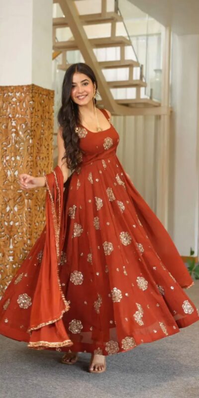 ZSR 3189 Rust Doremon Crush Gown with Lace Work & Mirror Work. Exclusive Offer ₹2399. Delivery 4-6 Working Days. Shop now. | Gowns, Bollywood Gowns, Creative Gowns, Designer Gowns, Embroidered Gowns, Party Wear Gowns