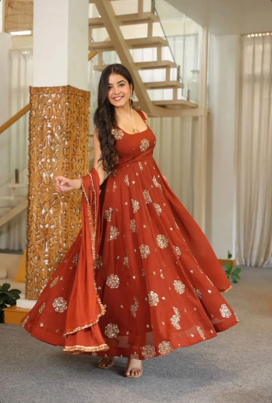 ZSR 3189 Rust Doremon Crush Gown with Lace Work & Mirror Work. Exclusive Offer ₹2399. Delivery 4-6 Working Days. Shop now. | Gowns, Bollywood Gowns, Creative Gowns, Designer Gowns, Embroidered Gowns, Party Wear Gowns
