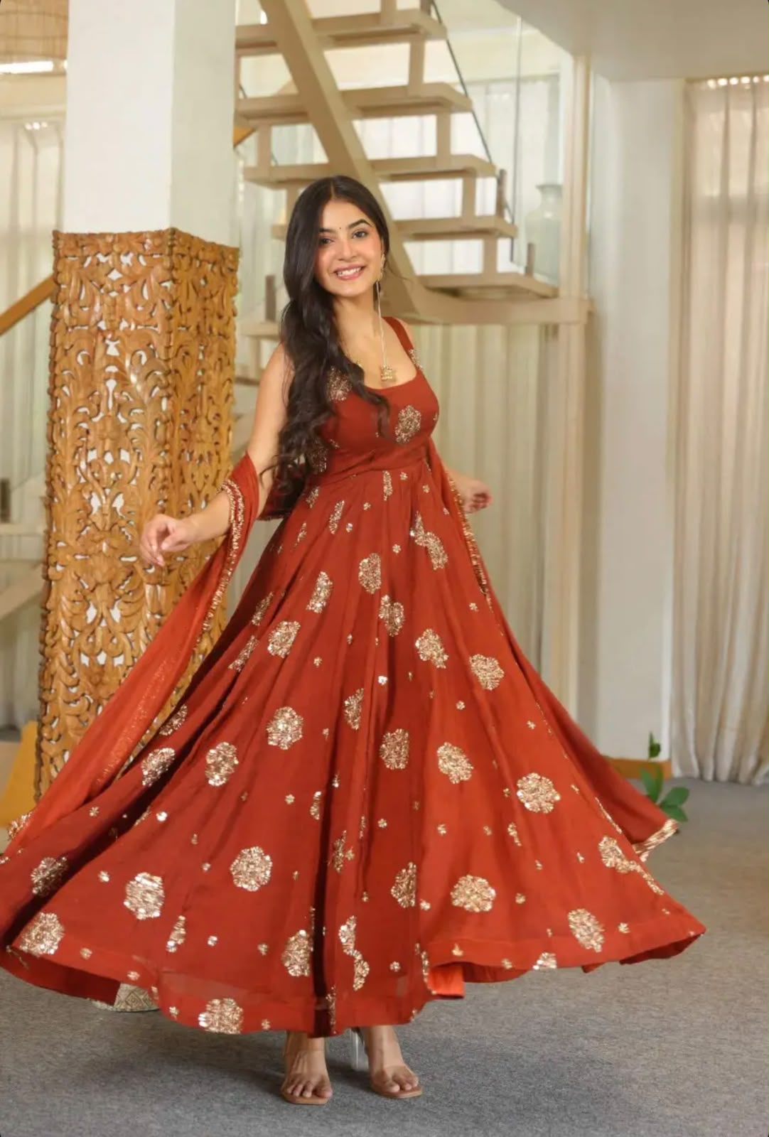 ZSR 3189 Rust Doremon Crush Gown with Lace Work & Mirror Work. Exclusive Offer ₹2399. Delivery 4-6 Working Days. Shop now. | Gowns, Bollywood Gowns, Creative Gowns, Designer Gowns, Embroidered Gowns, Party Wear Gowns