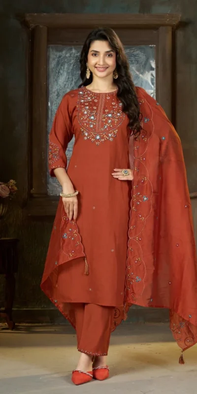 Alternative view of Alluring Rust Marina Silk Thread Work Salwar Suit