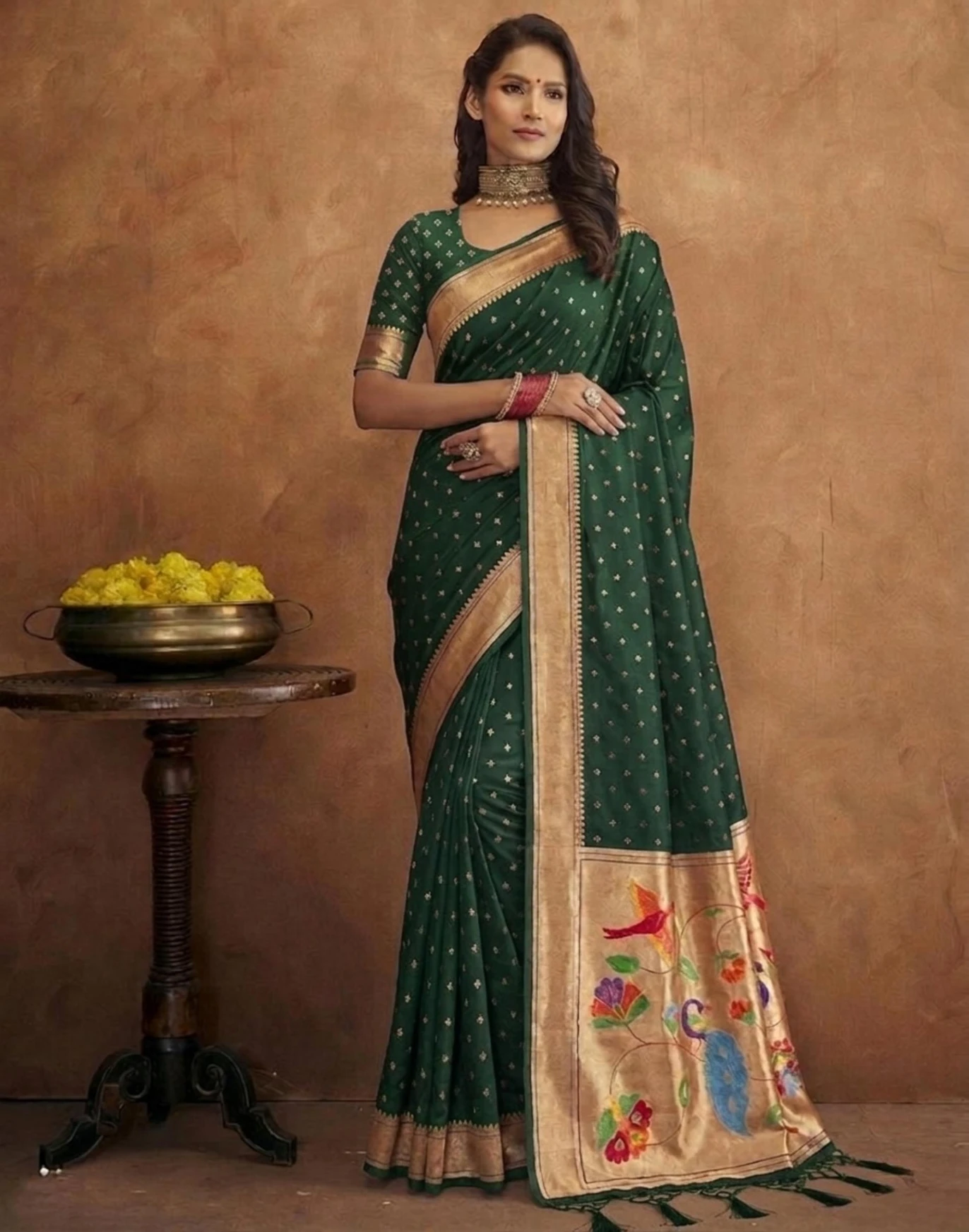 Elegant Green Jamdani Cotton Silk Zari Butti Work Saree