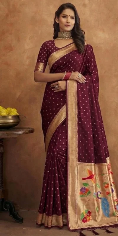 Alternative view of Elegant Maroon Jamdani Cotton Silk Zari Butti Work Saree