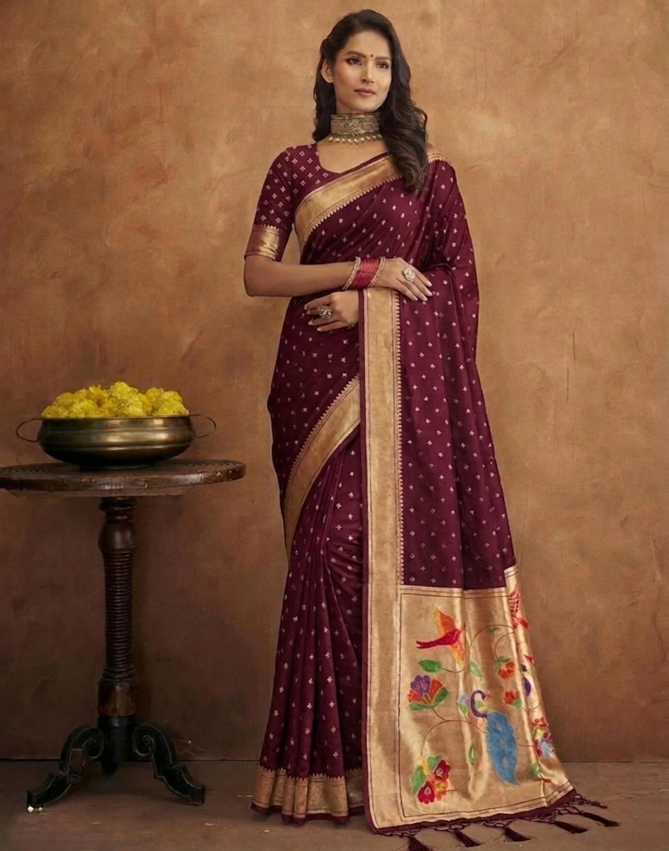 Elegant Maroon Jamdani Cotton Silk Zari Butti Work Saree - Image 2