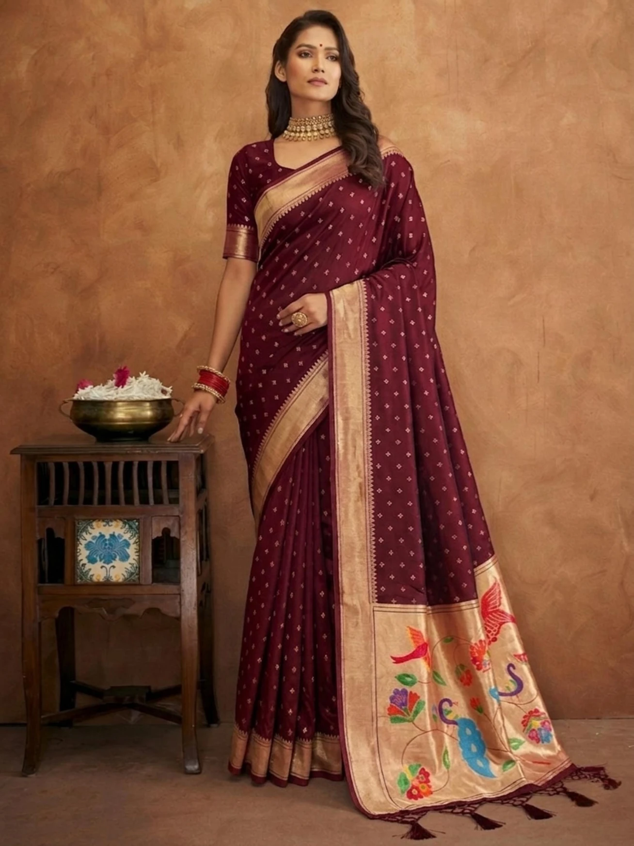 Elegant Maroon Jamdani Cotton Silk Zari Butti Work Saree