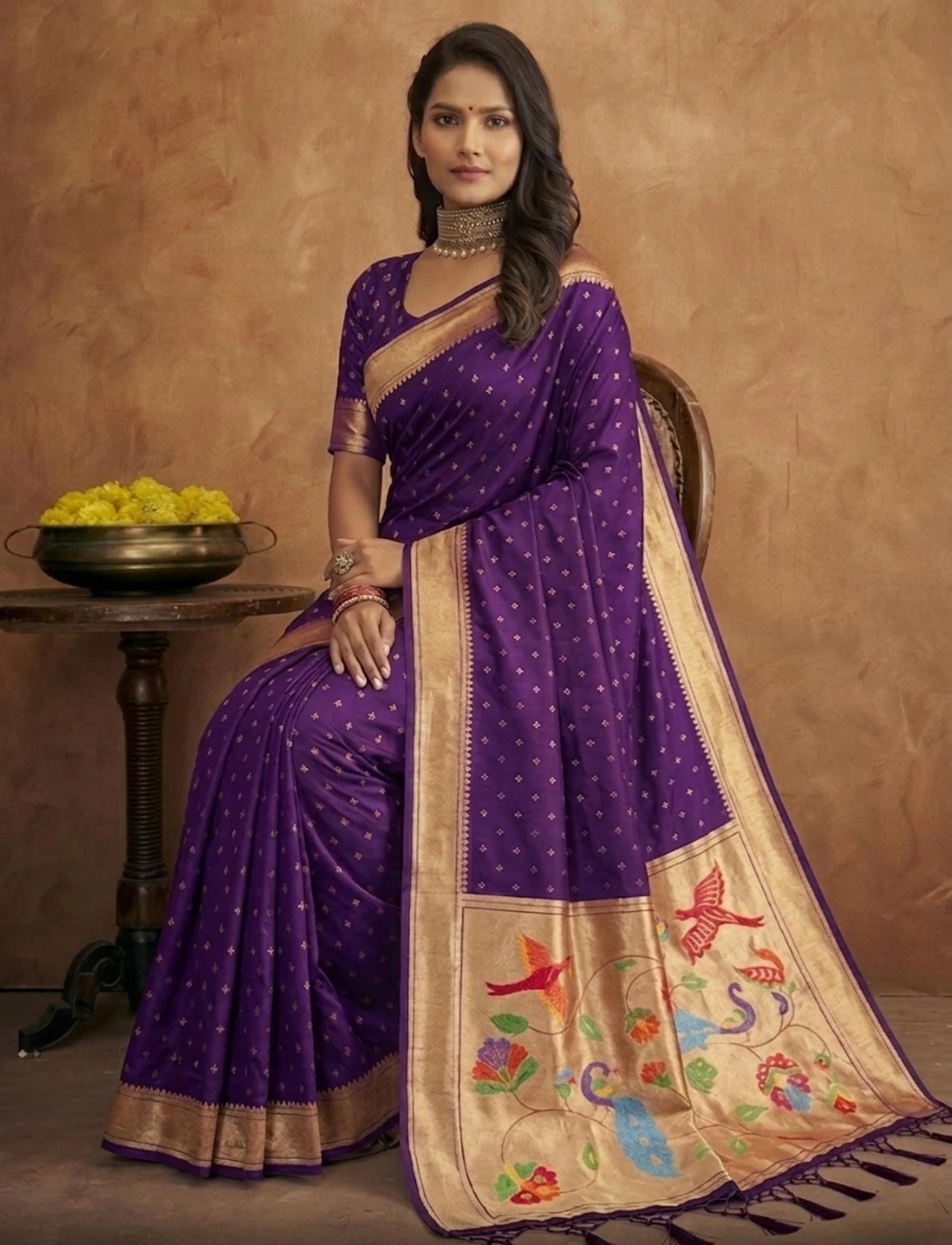 Elegant Purple Jamdani Cotton Silk Zari Butti Work Saree - Image 3