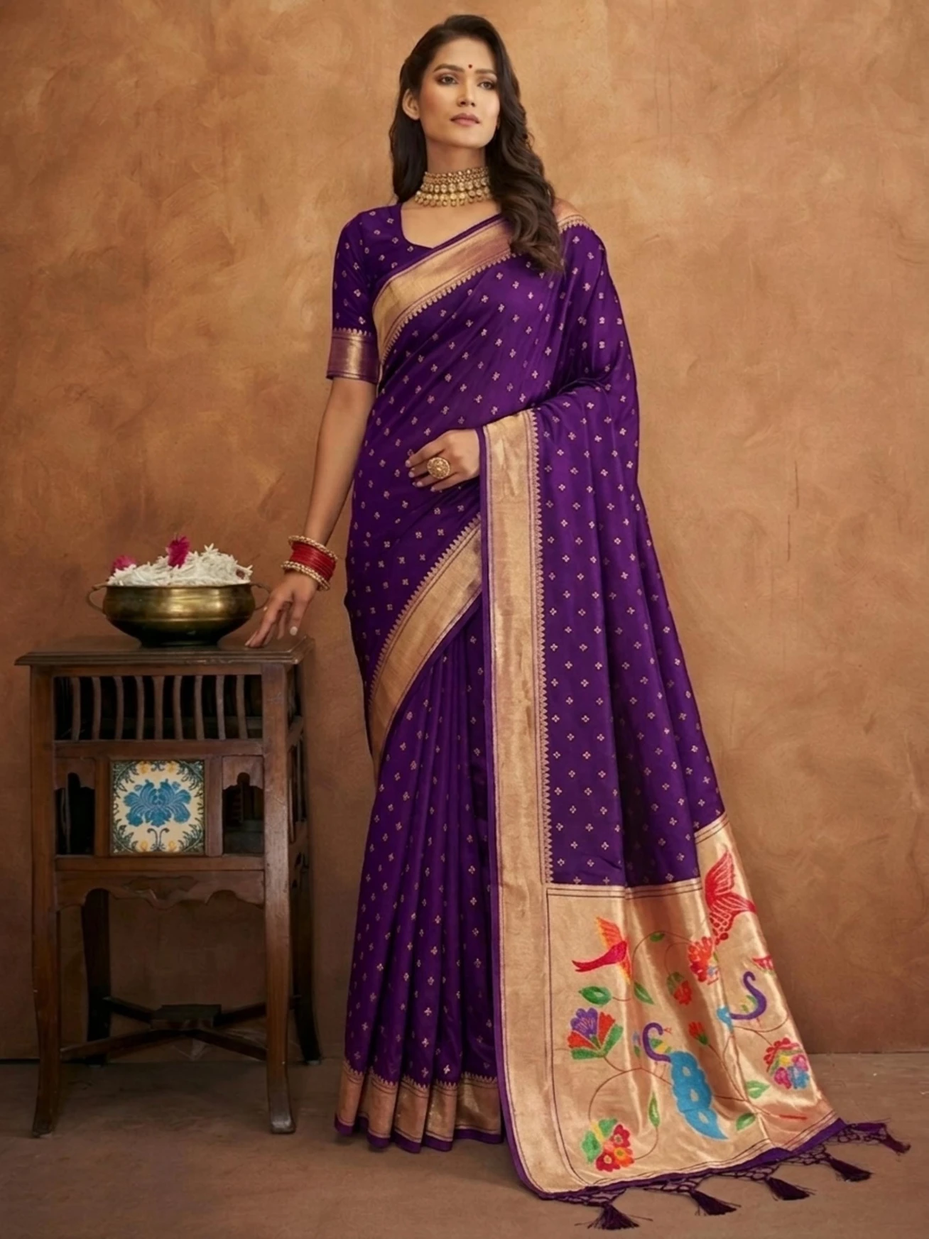 Elegant Purple Jamdani Cotton Silk Zari Butti Work Saree - Image 2