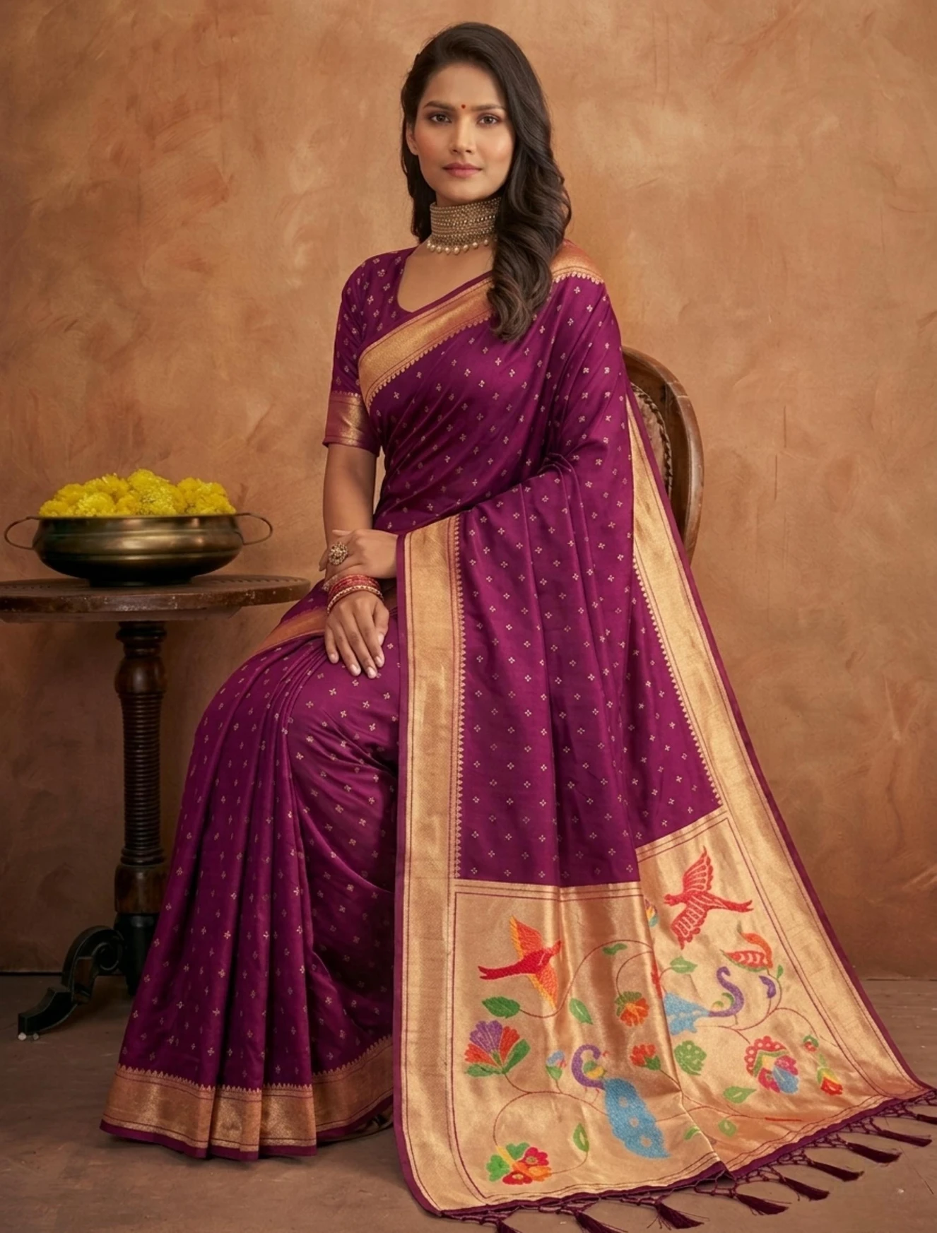 Elegant Wine Jamdani Cotton Silk Zari Butti Work Saree - Image 3