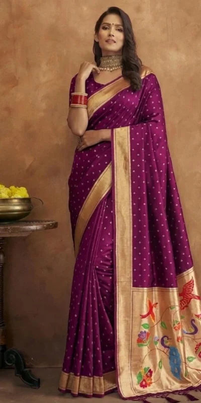 Elegant Wine Jamdani Cotton Silk Zari Butti Work Saree