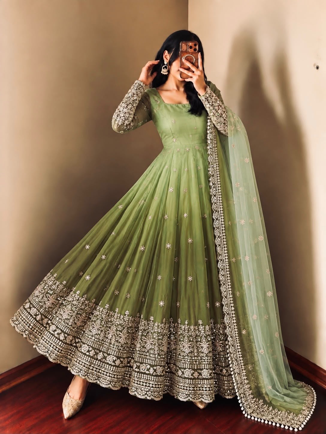 Fancy Mehendi Faux Georgette Embroider Work Gown - Image 5