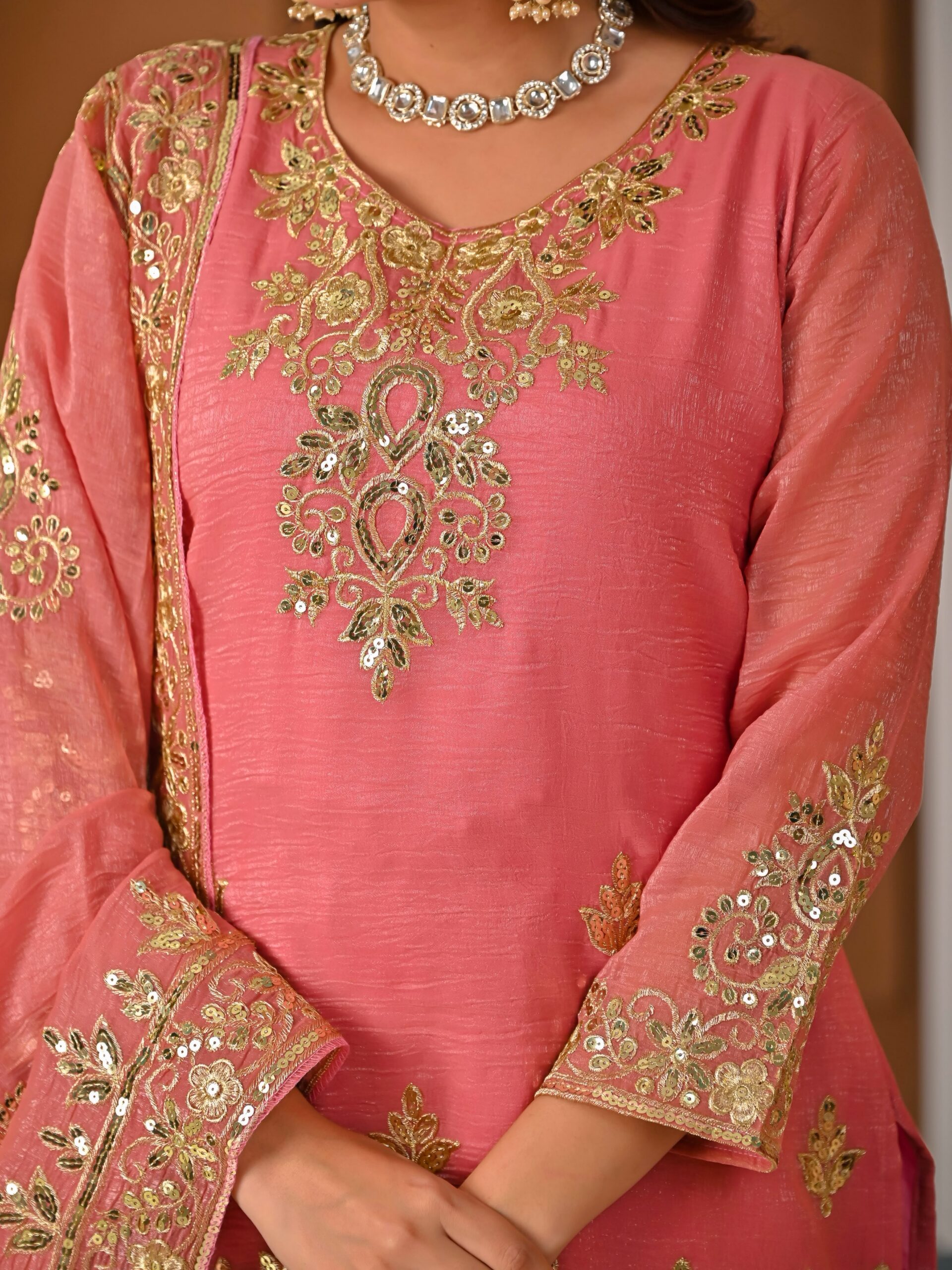 Fancy Peach Crunchy Silk Embroidery Work Salwar Suit - Image 6