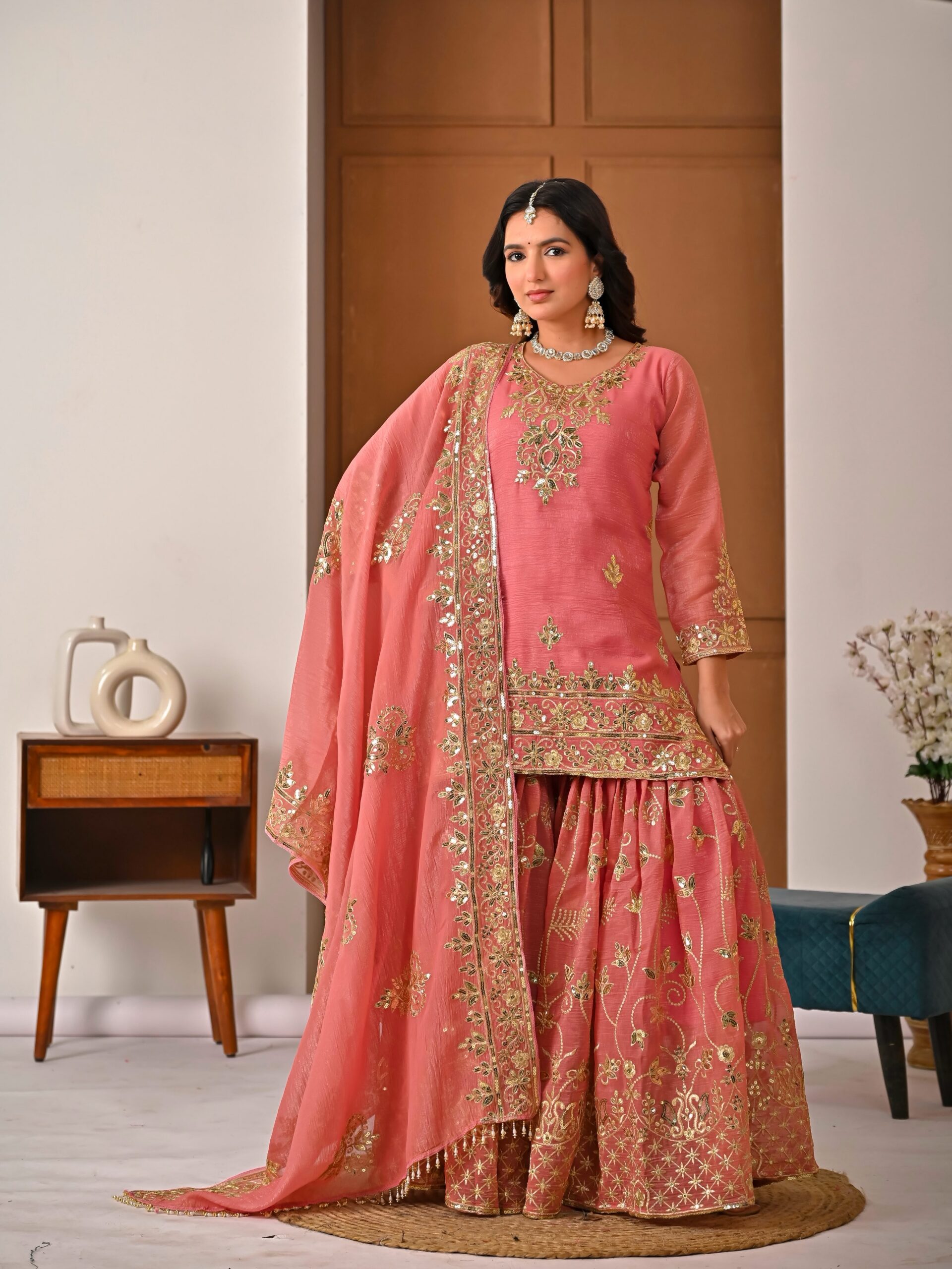Fancy Peach Crunchy Silk Embroidery Work Salwar Suit - Image 3