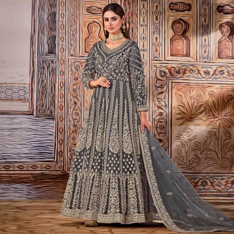 Super Grey Butterfly Net Sequins Work Salwar Suit - Image 4