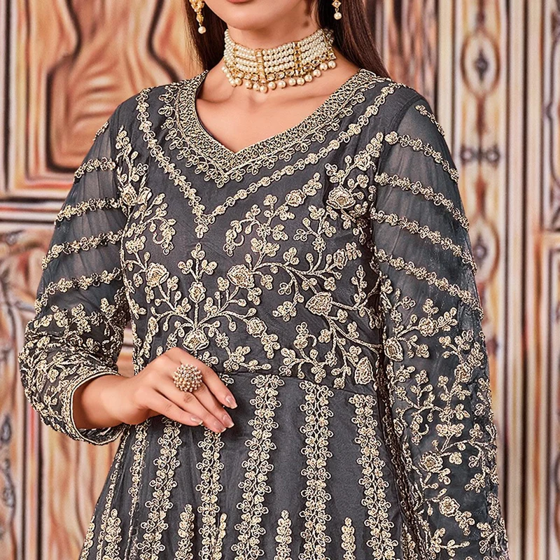 Super Grey Butterfly Net Sequins Work Salwar Suit - Image 2
