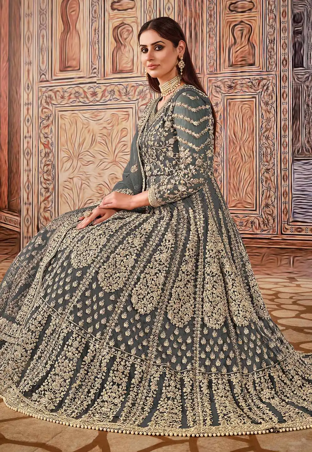 Super Grey Butterfly Net Sequins Work Salwar Suit