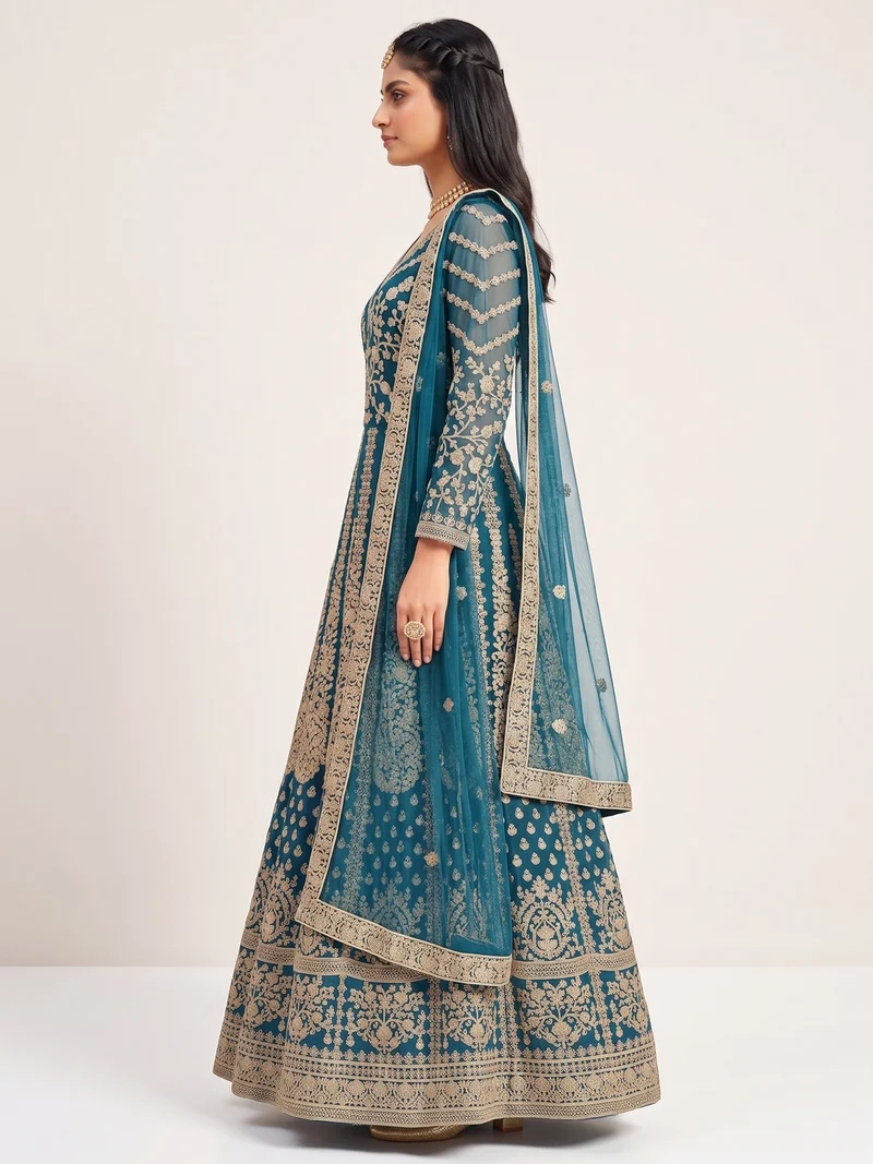 Super Teal Butterfly Net Sequins Work Salwar Suit - Image 2