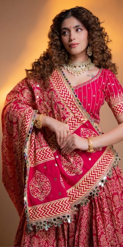 Alternative view of Trendy Pink Printed Rayon Mirror Work Lehenga Choli