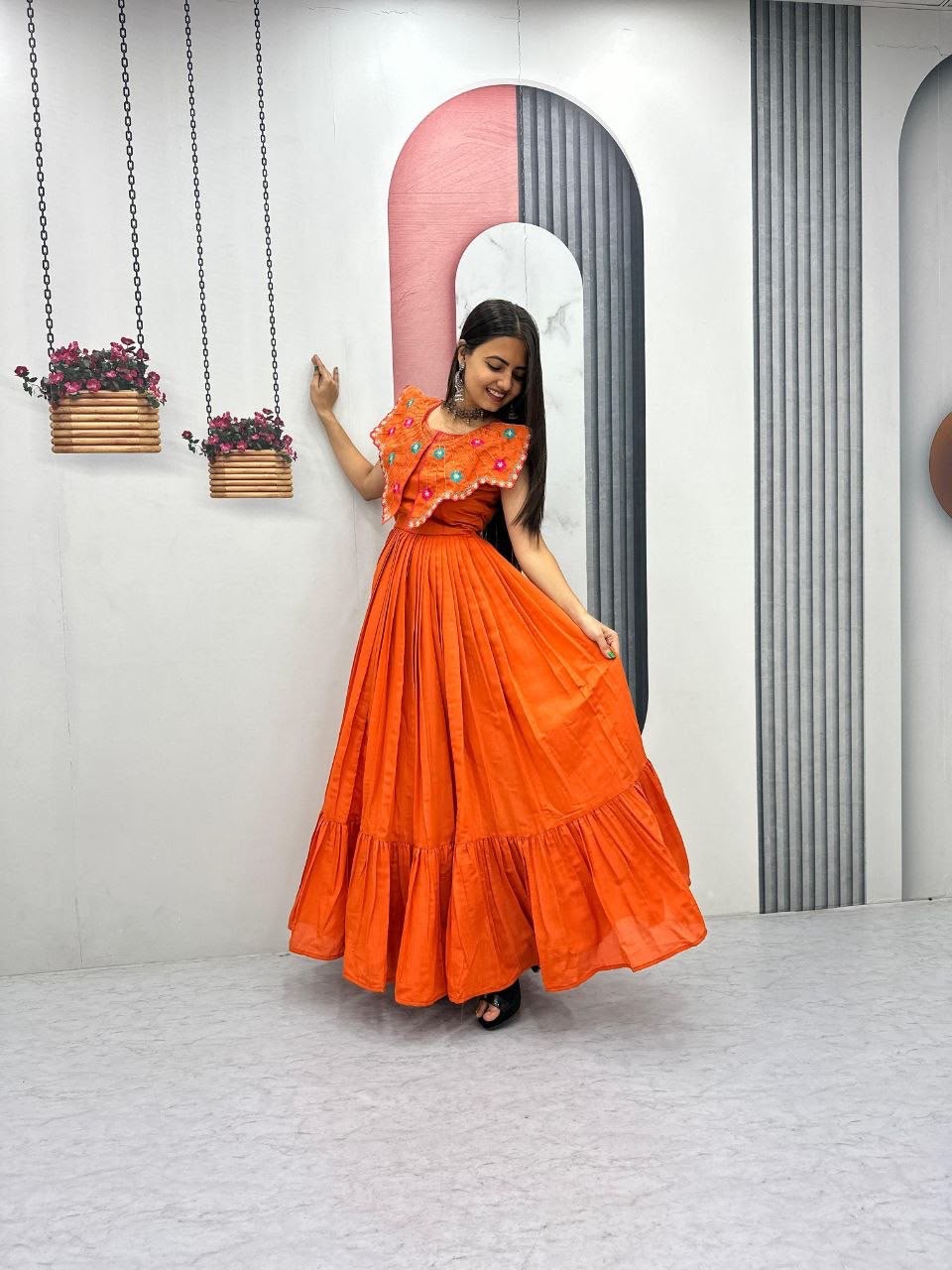 Lovely Orange Roman Thread Khatli Work Gown