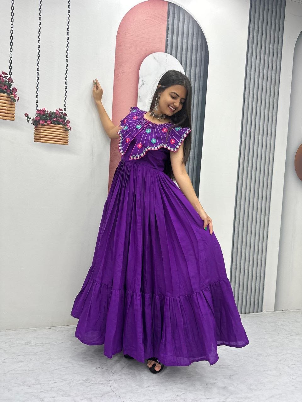 Lovely Purple Roman Thread Khatli Work Gown