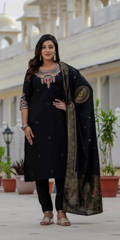DIVA 121 Black Roman Silk Salwar Suit with Sequins Work & Embroidery Work. Available at ₹1899 only. Delivery 4-6 Working Days. Shop now. | Jump Suits, Salwar suit, Casual Suits, Creative suits, Designer Suits, Palazzo Suits, Party Wear Suits, Patiala Suits, Straight Suits