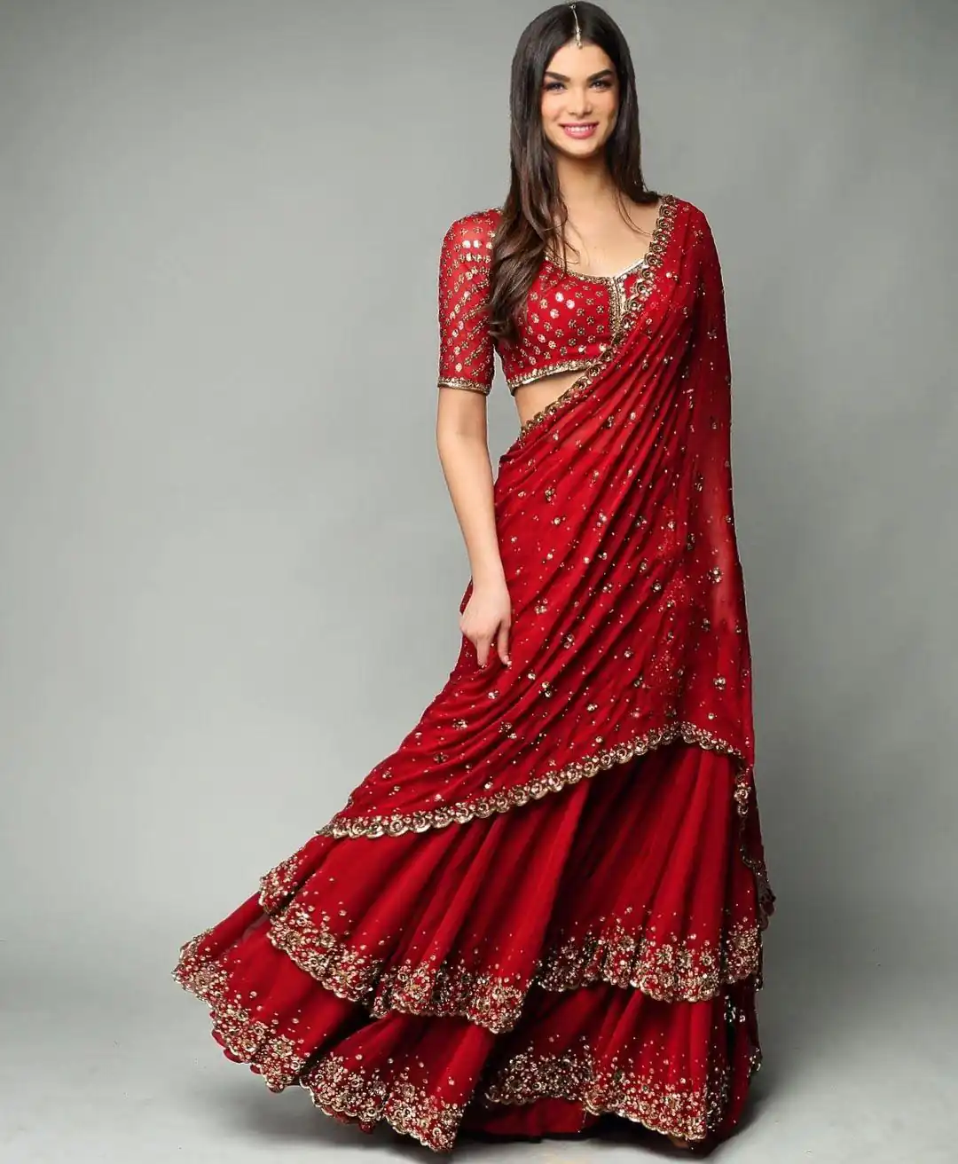 KF 1330 Red Lehenga : Georgette Blouse : Georgette Work : Sequence Embroidery Work With 2 Layer Ruffle Wedding, Party, Festive @2049/- Only | Lehenga, Bollywood Lehenga, Creative Lehenga, Designer Lehenga, Embroidered Lehenga, Party Wear Lehenga