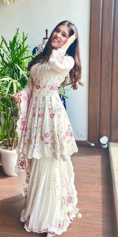 NSR 1238 White Top : Heavy Fox Georgette Sharara : Fox Georgette Work : Heavy Embroidery With Real Mirror Work Wedding, Party @1849 Only | Casual Suits, Salwar suit, Creative suits, Designer Suits, Palazzo Suits, Party Wear Suits, Straight Suits