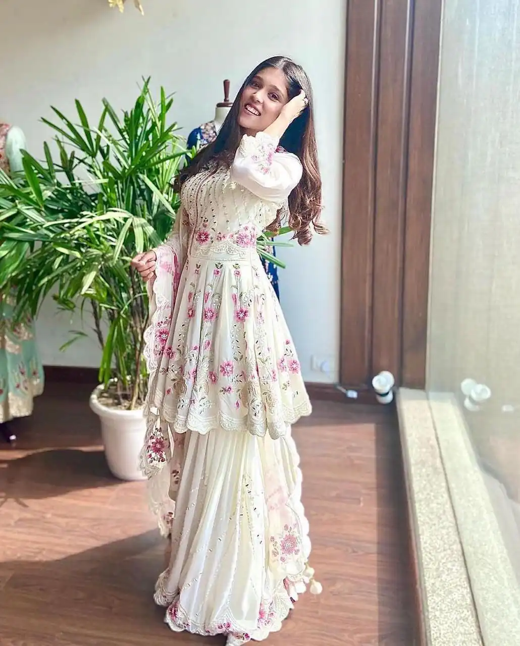 NSR 1238 White Top : Heavy Fox Georgette Sharara : Fox Georgette Work : Heavy Embroidery With Real Mirror Work Wedding, Party @1849 Only | Casual Suits, Salwar suit, Creative suits, Designer Suits, Palazzo Suits, Party Wear Suits, Straight Suits