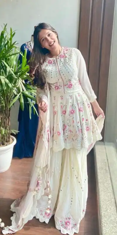 NSR 1238 White Top : Heavy Fox Georgette Sharara : Fox Georgette Work : Heavy Embroidery With Real Mirror Work Wedding, Party @1849 Only | Casual Suits, Salwar suit, Creative suits, Designer Suits, Palazzo Suits, Party Wear Suits, Straight Suits