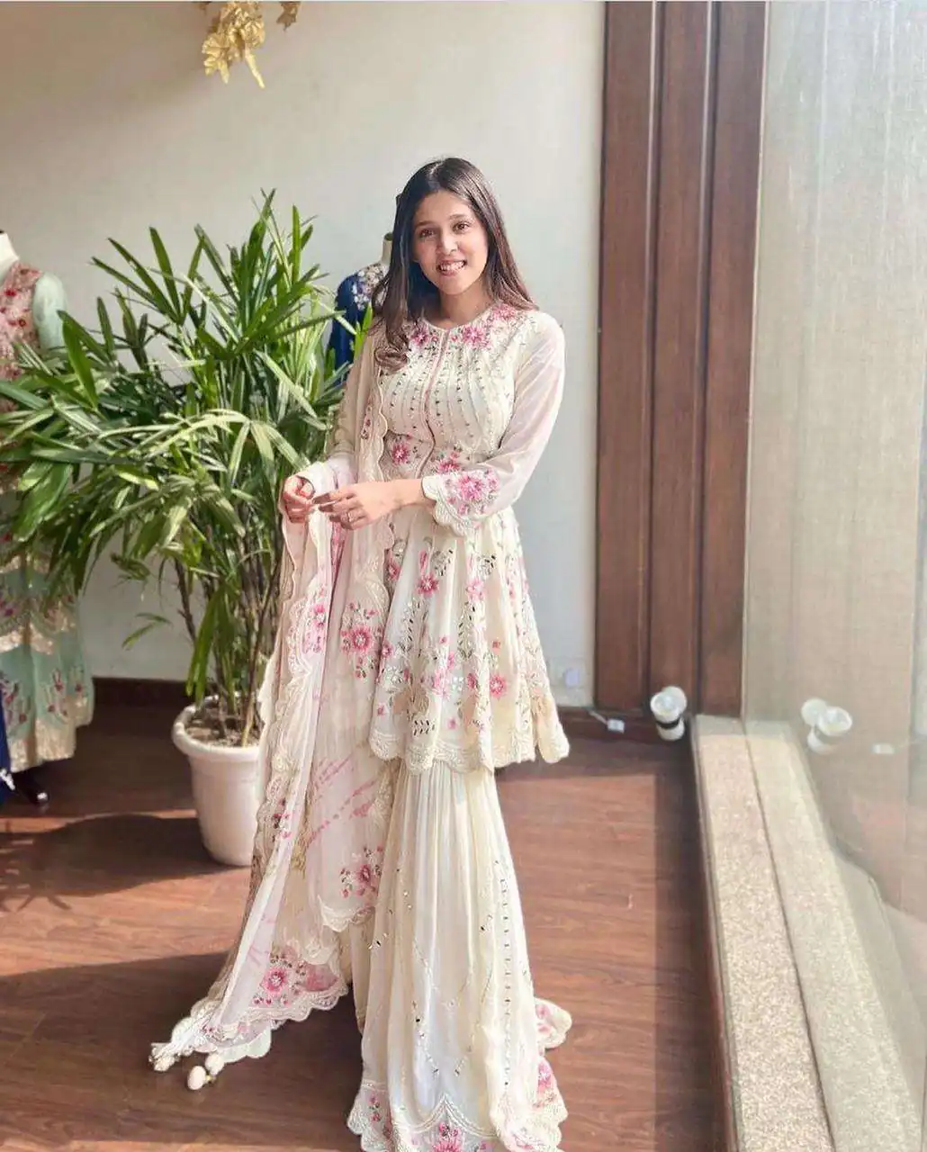 NSR 1238 White Top : Heavy Fox Georgette Sharara : Fox Georgette Work : Heavy Embroidery With Real Mirror Work Wedding, Party @1849 Only | Casual Suits, Salwar suit, Creative suits, Designer Suits, Palazzo Suits, Party Wear Suits, Straight Suits