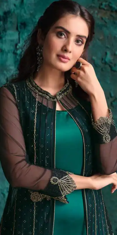 Vipul 4631 Green Top : Heavy Vaishnavi Net Bottom : Satin Dupatta : Vaishnavi Net Work : Heavy Embroidery Coding With Diamond Work @2599/- | Salwar suit, Casual Suits, Creative suits, Designer Suits, Palazzo Suits, Party Wear Suits, Straight Suits
