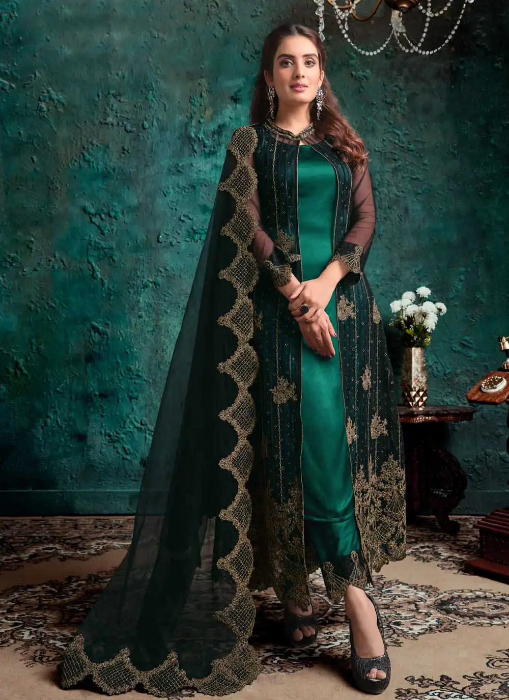 Vipul 4631 Green Top : Heavy Vaishnavi Net Bottom : Satin Dupatta : Vaishnavi Net Work : Heavy Embroidery Coding With Diamond Work @2599/- | Salwar suit, Casual Suits, Creative suits, Designer Suits, Palazzo Suits, Party Wear Suits, Straight Suits