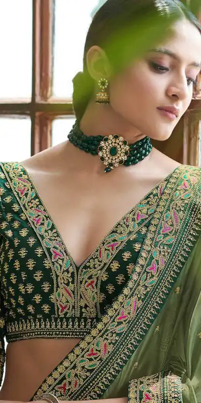 BT 1031 Green Saree : Vichitra Silk Blouse : Banglori Silk?Work : Heavy Embroidery Coding With Sequence Work Wedding, Festive, Events @1649/- | Sarees, Bollywood Sarees, Creative Sarees, Designer Sarees, Embroidered Sarees, Party Wear Sarees