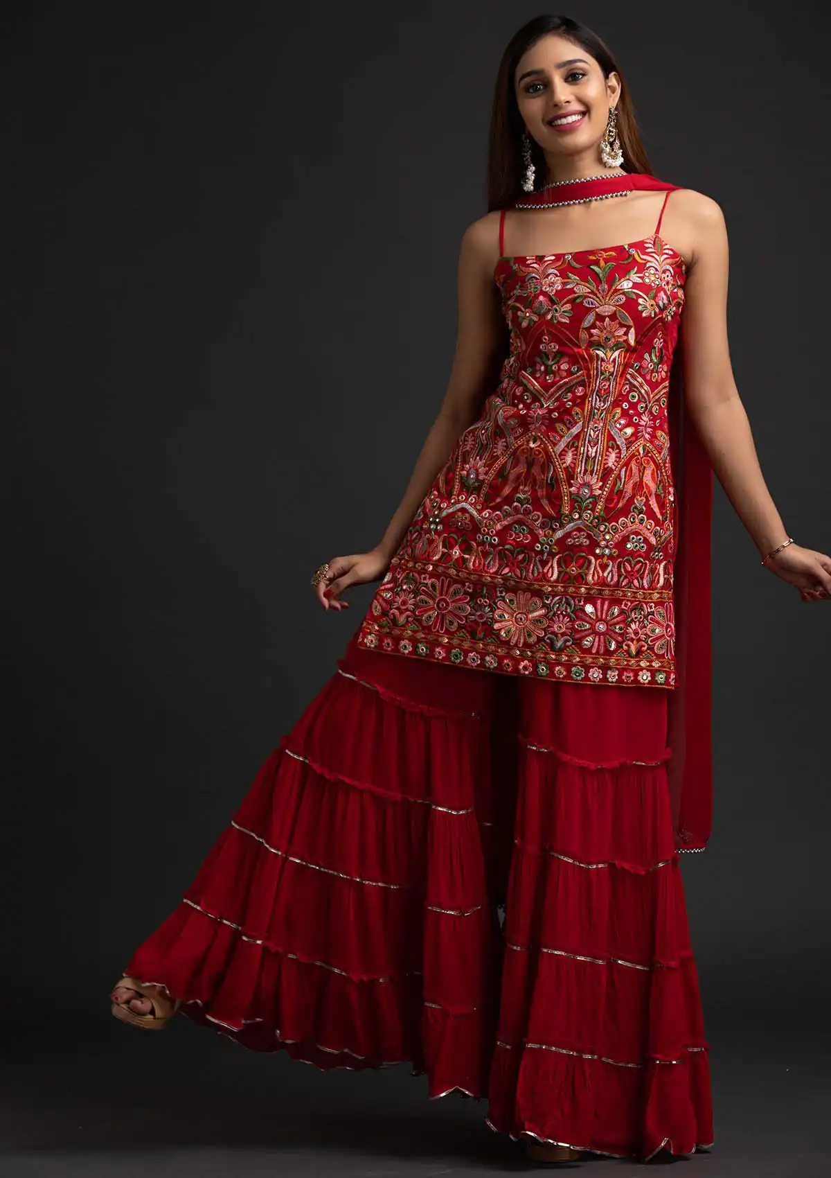 NSR 1301 Red Top : Georgette Work : Heavy Embroidery With Real Mirror Work Sharara : Georgette Wedding, Party, Festive, Events @1849/- | Casual Suits, Salwar suit, Creative suits, Designer Suits, Palazzo Suits, Party Wear Suits, Straight Suits