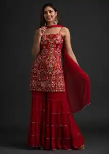 NSR 1301 Red Top : Georgette Work : Heavy Embroidery With Real Mirror Work Sharara : Georgette Wedding, Party, Festive, Events @1849/- | Casual Suits, Salwar suit, Creative suits, Designer Suits, Palazzo Suits, Party Wear Suits, Straight Suits