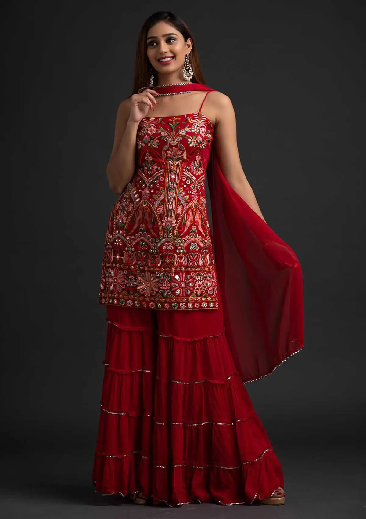 NSR 1301 Red Top : Georgette Work : Heavy Embroidery With Real Mirror Work Sharara : Georgette Wedding, Party, Festive, Events @1849/- | Casual Suits, Salwar suit, Creative suits, Designer Suits, Palazzo Suits, Party Wear Suits, Straight Suits