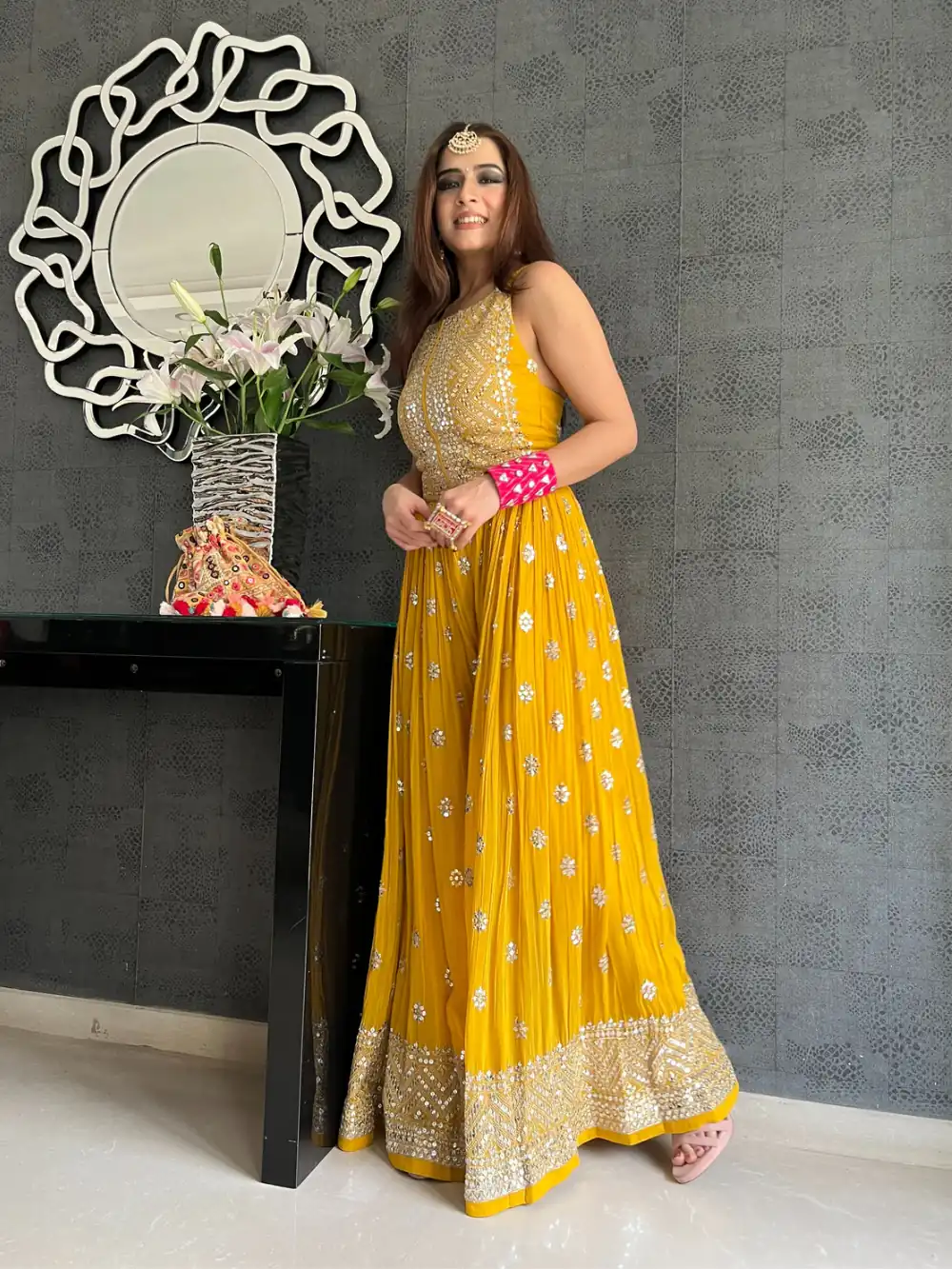 NSR 555 Yellow Jumpsuit : Heavy Faux Georgette Work : Heavy Embroidery With Sequin Work Flair : Each Leg 1.5 M Casual, Party @1699/- | Jump Suits, Salwar suit, Casual Suits, Creative suits, Designer Suits, Palazzo Suits, Party Wear Suits, Straight Suits
